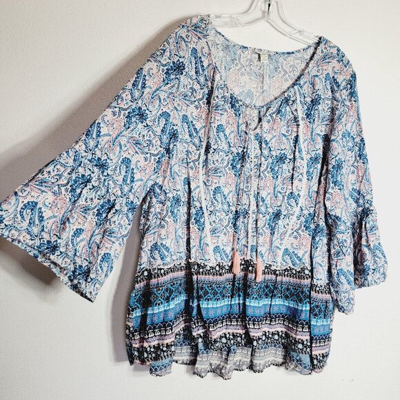 Cato Pink Paisley Peasant Top Plus Size 26/28 Bell Sleeve Lightweight Pullover‎ - Picture 2 of 5